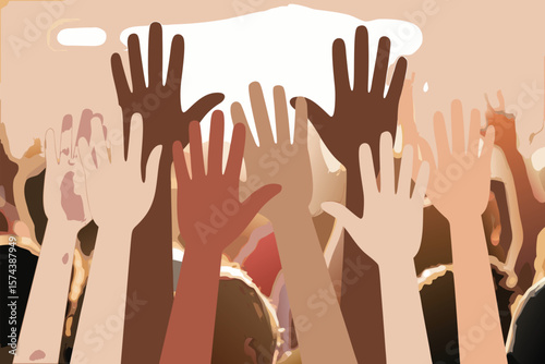Diverse Hands Raised in Unity, Illustration of Support, Protest, and Community Involvement