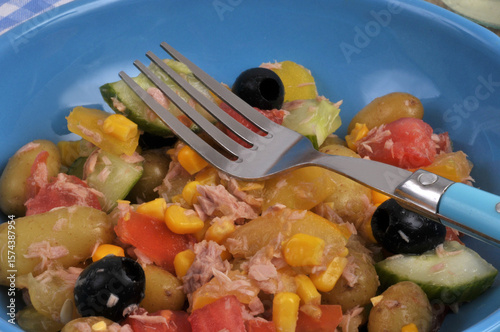 Salade composée faite maison servie dans une assiette avec une fourchette en gros plan