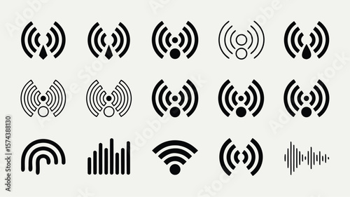 Fifteen Diverse Black and White Wireless and Signal Strength Icons and Representations