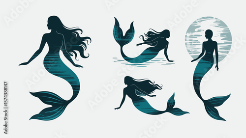 Five Teal Mermaid Silhouettes Swimming and Posing in the Water with Light Background