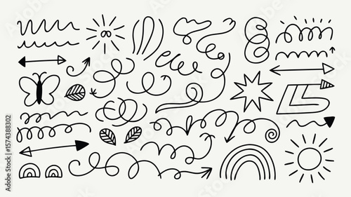 HandDrawn Doodle Elements Butterfly, Arrows, Rainbow, Sun, and Abstract Shapes on Beige Background