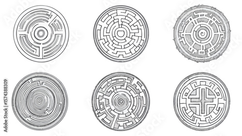 Detailed Circular Mazes and Labyrinths Engraved Set for Creative Projects