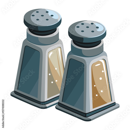Pair of classic glass and metal salt and pepper shakers with white background