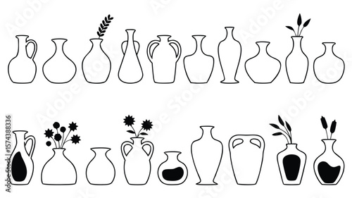 HandDrawn Vases in Two Rows Variety of Styles and Decorative Elements Illustration