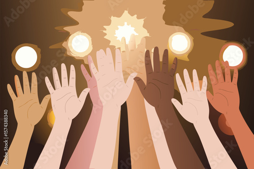 Illustrated Diverse Hands Reaching Upward Toward a Bright Light Against a WarmToned Background