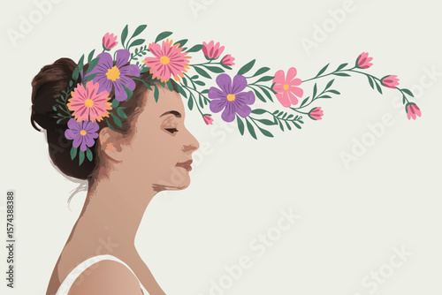 Illustrated Profile Woman with Flower Crown, Pink and Purple Floral Arrangement, Hair Bun Style