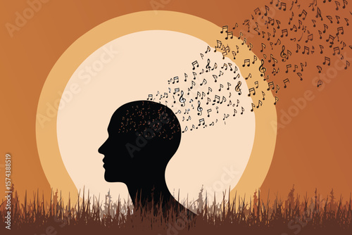 Musical Mind Silhouette at Sunset with Notes Floating Above Head in a Meadow