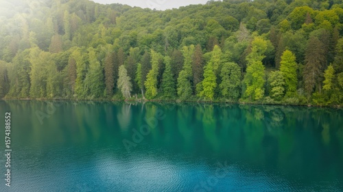 Wallpaper Mural Aerial view of a serene lake surrounded by a lush green forest on a bright day with clear reflections Torontodigital.ca