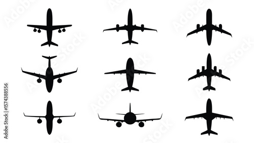 Nine Black Airplane Silhouettes Depicted in Flight from a TopDown Perspective on White Background
