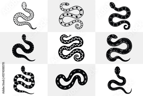 Nine Black and White Snake Illustrations in Various Coiled Positions Against a Pale Background