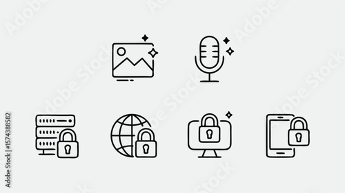 Outlined Icon Set Featuring Image, Microphone, Server, Globe, Monitor, and Smartphone Security Symbols