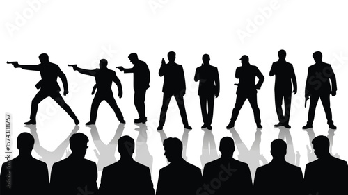 Silhouette of Armed Men in Suits Firing Guns and Standing Guard with Reflections