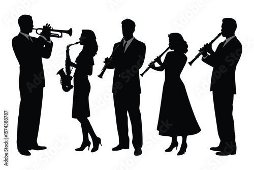 Silhouette Illustration of Jazz Band with Trumpet, Saxophone and Clarinets in Black and White