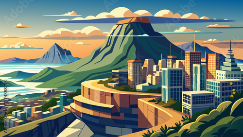 Table Mountain, South Africa – Flat summit overlooks Cape Town, rocky cliffs framing city below. Low clouds drift past, blending urban edge with natural monument.