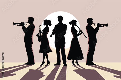Silhouetted Musicians Playing Trumpets, Saxophone, and Clarinets in Front of a Bright Circular Light Source