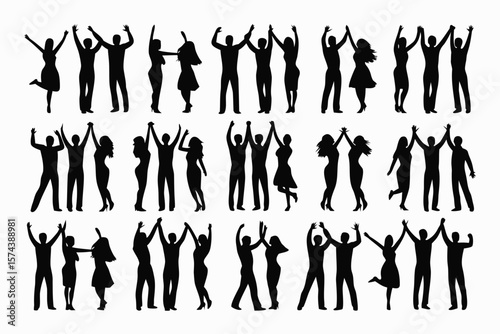 Silhouettes of People Cheering and Holding Hands Crowd Celebrating, Joyful, White Background