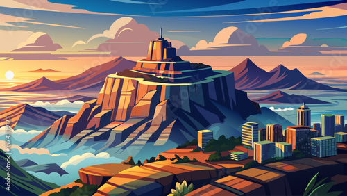 Table Mountain, South Africa – Flat summit overlooks Cape Town, rocky cliffs framing city below. Low clouds drift past, blending urban edge with natural monument.