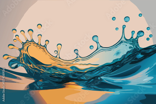 Stylized Water Splash Illustration with Orange and Blue Tones Against Light Background Creates Visually Appealing Abstract