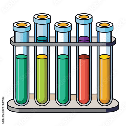 Colorful liquids in laboratory test tubes arranged in a rack for scientific experiments
