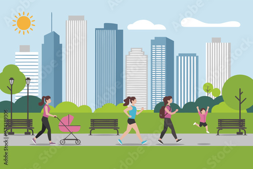 Women Exercising in City Park With Jogging Stroller and Child Running With Arms Up
