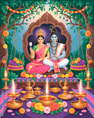 depiction of the Teej festival, celebrating the divine union of Goddess Parvati and Lord Shiva. Show traditional decorations, lush greenery, and festive elements like swings, henna designs