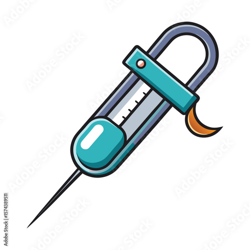 Cartoon illustration of a medical syringe with a needle and plunger