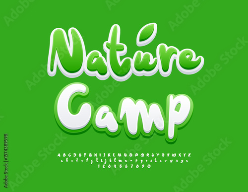 Vector Green concept Nature Camp. Handwritten White and Green Font. Funky Alphabet Letters and, Numbers set.