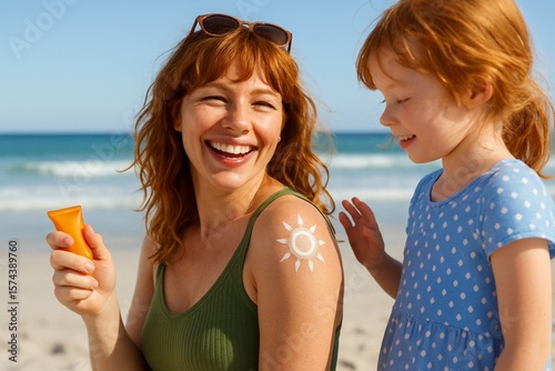 Cheerful Mother and Daughter Enjoying Beach Time Applying Sunscreen for Protection Against Harmful UV Rays Together