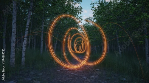 Wallpaper Mural Orange light trails forming spiral patterns through a forest of tall thin trees at dusk or dawn Torontodigital.ca
