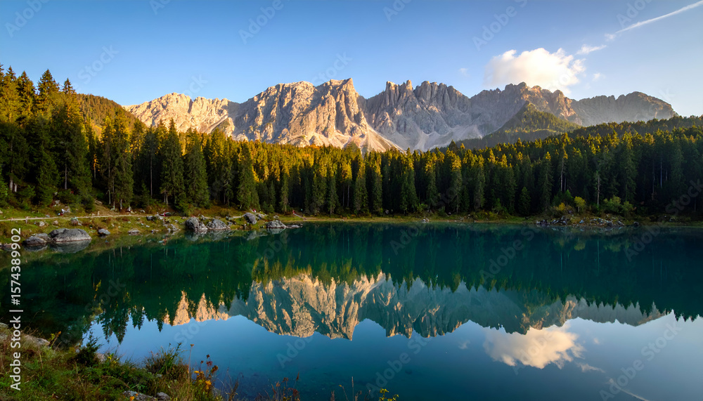 Obraz premium Alpine lake reflection sunset.