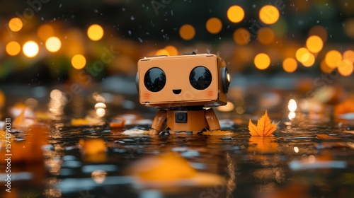 An adorable toy robot stands in a puddle surrounded by autumn leaves, illuminated by soft bokeh lights in the background, This whimsical image can be used for children's products, seasonal marketing
