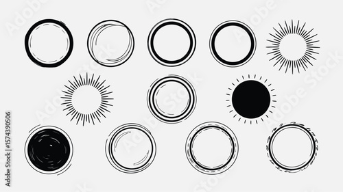 Collection of HandDrawn Circles and Sunburst Designs on a Light Gray Background for Creative Projects