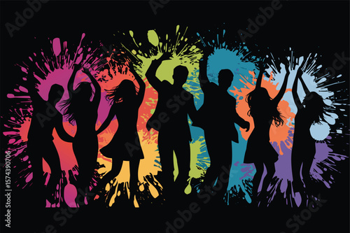 Silhouette People Dancing on Splattered Colorful Paint Background, Party Celebration, Nightlife Design