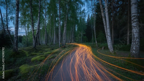 Wallpaper Mural Light trails illuminate a forest path lined with birch trees creating a magical and ethereal scene Torontodigital.ca