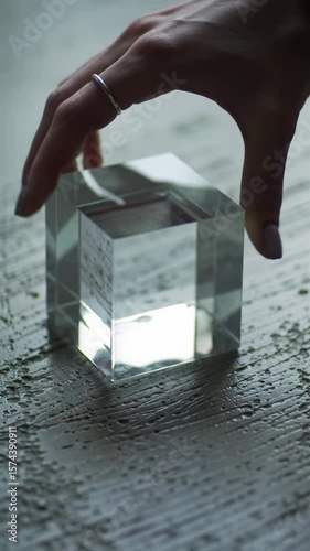 Extreme close-up video of clean neutral hand meticulously placing sleek, transparent geometric object onto rugged, textured concrete with soft light, macro lens aesthetic. concept of strategic