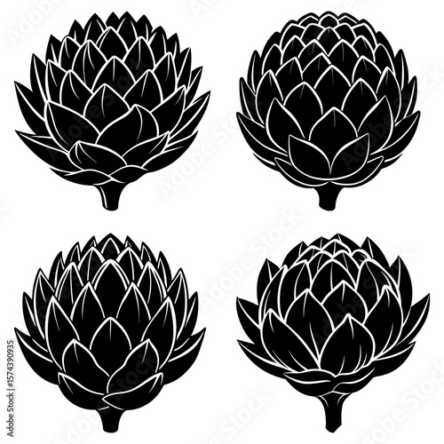 Four artichokes in black and white with detailed petal patterns on a white background design element