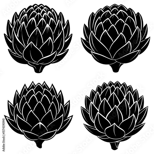 Four black and white artichoke designs with overlapping leaves in a symmetrical arrangement pattern