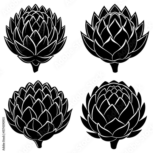 Four stylized artichoke heads in black and white with detailed petal arrangements and short stems