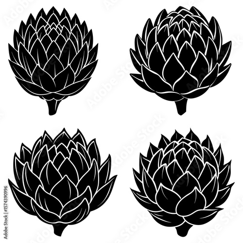 Four black and white artichokes arranged in a square pattern on a white background vector illustration