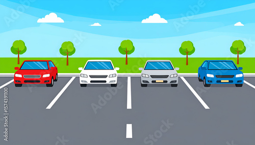 Cars parked outdoors with sunny day.