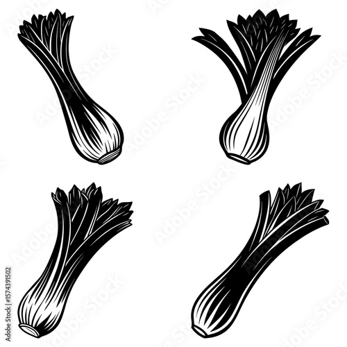 Four stylized black and white leeks arranged in a square pattern on a white background design art