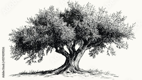 Hand Drawn Olive Tree Woodcut Engraving Style