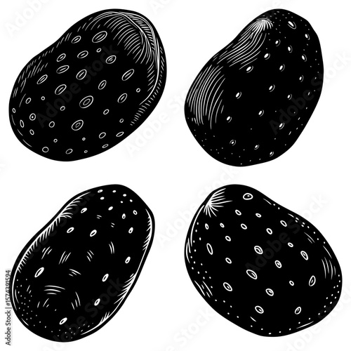 Four black and white potatoes arranged in a square with unique textures and patterns on each one