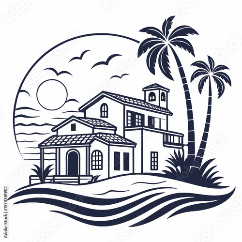 Elegant logo concept for a luxury real estate agency specializing in oceanfront properties and Mediterranean-style villas surrounded by sunlight and palm trees  
