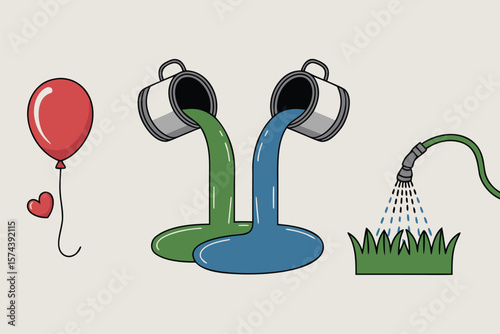 Cartoon Featuring Paint Cans Pouring Green and Blue, with Balloon and Hose Sprinkler