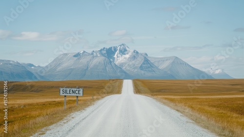 Wallpaper Mural A long road leading to snowy mountains with a silence sign in a field under a clear blue sky day Torontodigital.ca