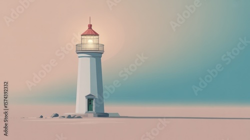 Wallpaper Mural A white lighthouse with a red roof stands tall against a gradient sky in a minimalist illustration Torontodigital.ca