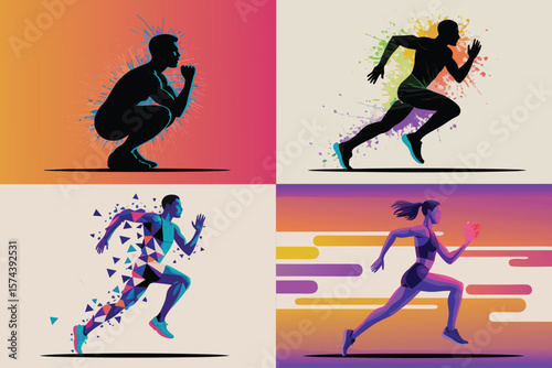 Diverse Runners Collage Silhouettes of Man Squatting, Men Running, Woman Jogging on Gradient Background
