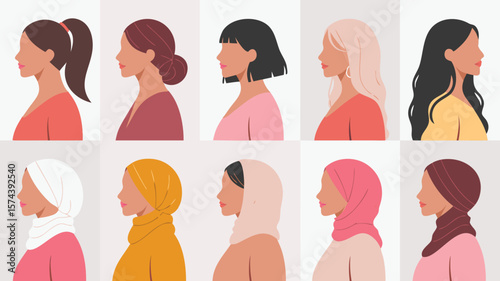 Diverse Women Portraits Illustration of Various Hairstyles, Hair Colors and Headscarves in Profile