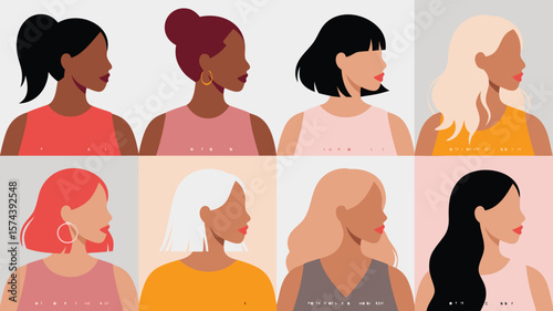 Diverse Women Profiles Art Illustration Faces, Hair Styles, Colors, and Skin Tones